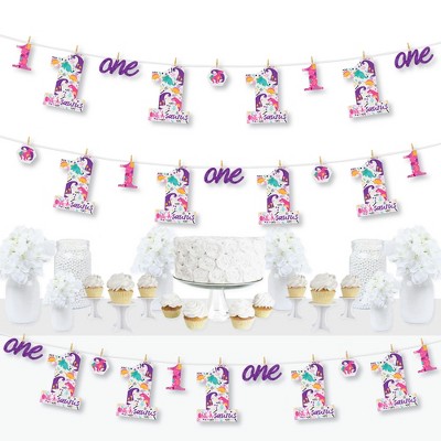 Big Dot of Happiness 1st Birthday Roar Dinosaur Girl - ONEasaurus Dino First Birthday Party DIY Decorations - Clothespin Garland Banner - 44 Pieces