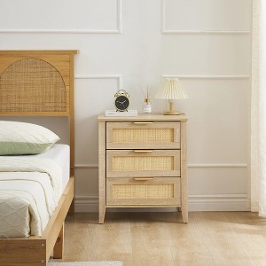 Nightstand, Rattan End Table, Nightstands with 3 Natural Rattan Drawers 1 or 2 pack - 1 of 4