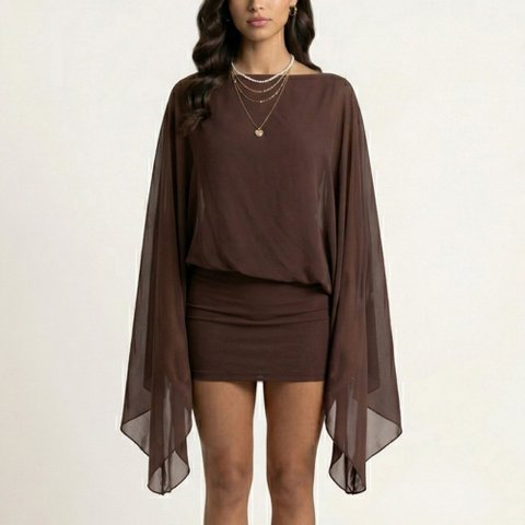 Женские платья Anna-Kaci Women's Mini Dress with Sheer Draped Long Sleeves and Fitted Skirt Elegant Party Outfit - Small, Burgundy