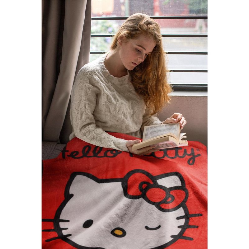 Sanrio Hello Kitty Blanket Winking Hello Kitty Plush Fuzzy Fleece Cute Soft Throw Blanket Red, 2 of 6