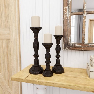 Elegant Espresso Wood Candle Holder Trio, 18" 15" 12"H