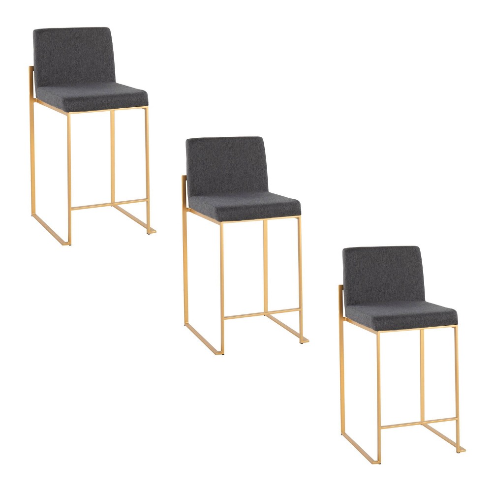 LumiSource Set of 3 Fuji High Back Counter Height Barstools Gold Steel/Charcoal