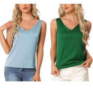 INSPIRE CHIC Women's 2 Pcs Tank Top Silky Satin Casual Basic V Neck Sleeveless Camisole - 1 of 4