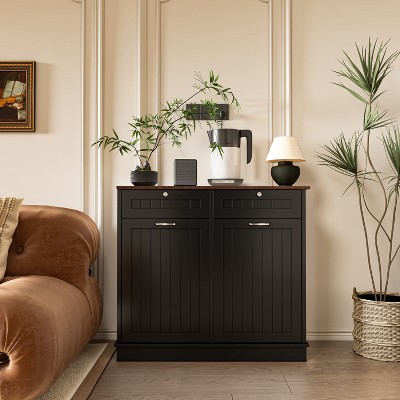 Two-Compartment Tilt-Out Trash Cabinet, Pet Proof Kitchen Trash Cabinet with Trash Can, Free Standing Laundry Sorter Cabinet, Laundry Hamper