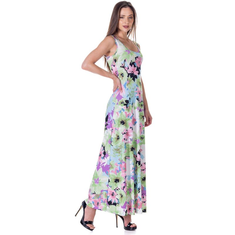 24seven Comfort Apparel Womens Pastel Floral Scoop Neck A Line Sleeveless Maxi Dress, 2 of 9
