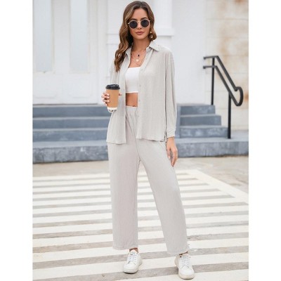 Women Two Piece Casual Outfits Y2K Loungewear Pleated Wide Leg Pants Long  Sleeve Button Down Shirt Streetwear Set