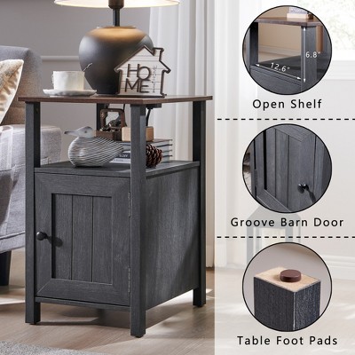 Gray Farmhouse Nightstand Set with Barn Door and Open Shelves