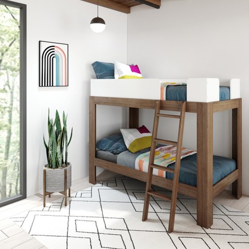 Max & Lily Mid-century Modern Twin Over Twin Bunk Bed, White/walnut ...