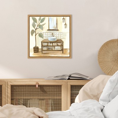 Sage Bathroom II Framed Canvas Wall Art Print 16 x 16