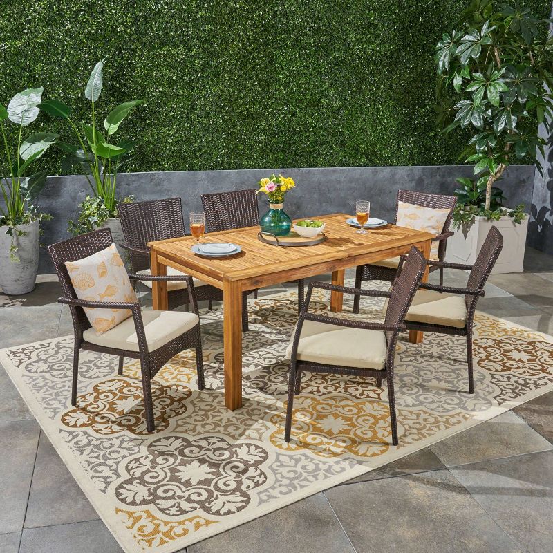 Davenport 7pc Acacia Wood & Wicker Patio Dining Set - Expandable, Weather-Resistant, Cushioned Seating - Christopher Knight Home, 3 of 10