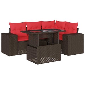 vidaXL Patio Sofa Set with Cushions Table and Couches 5 Piece Poly Rattan - Brown without storage - 1 of 4