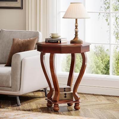 Tribesigns Wood Side Table, Mid-Century Modern Round End Table with 2 Tiers Storage Shelves