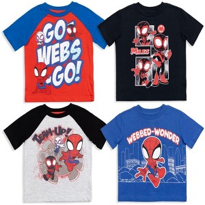 Marvel Avengers Spidey and His Amazing Friends Hulk Iron Man Spider-Man Miles Morales 4 Pack T-Shirts Little Kid to Little Kid - 1 of 4