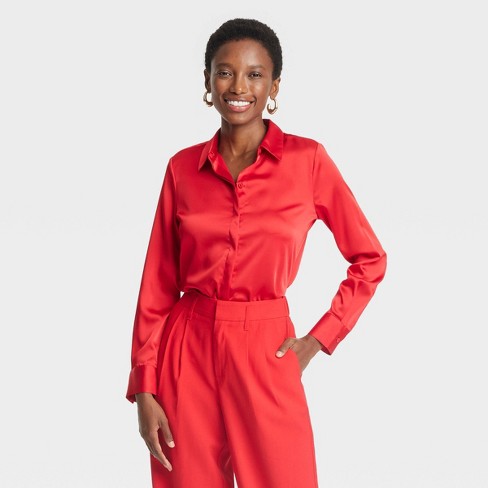 Women s Long Sleeve Satin Button down Shirt A New Day Red Xs Target
