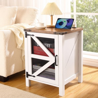 Farmhouse Nightstand with Charging Station, 18" Bedside End Table with Barn Mesh Door