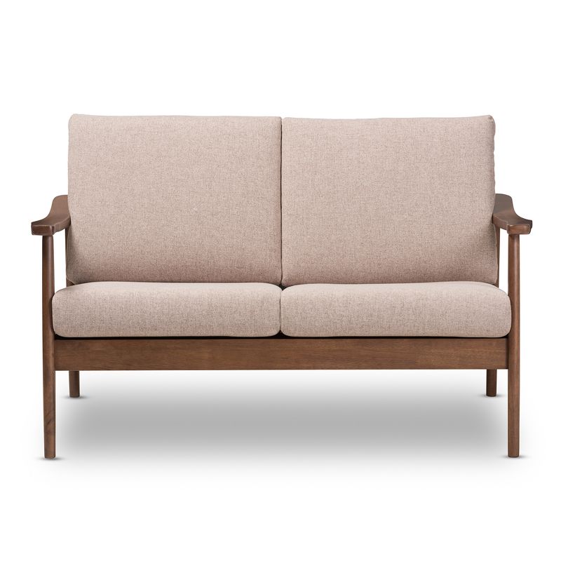 Venza Mid-Modern Walnut Wood Fabric Upholstered 2 Seater Loveseat Light Brown - Baxton Studio, 3 of 11