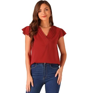 Allegra K Women's Pleated V Neck Flutter Sleeve Summer Casual Shirt - 1 of 4