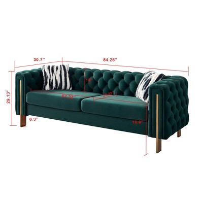 84" Chesterfield Velvet Sofa, Modern Tufted Couch with Gold Metal Arms, 700lb Capacity & Striped Pillows, Solid Wood Frame