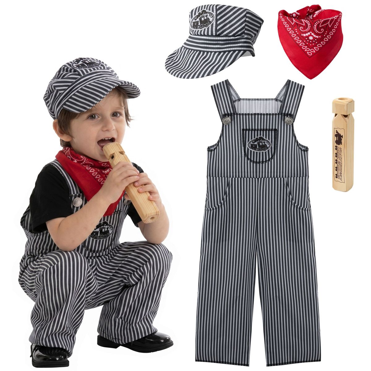 Joyfy Halloween Costume Train Engineer Suit for Kids, Conductor Overalls with Hat & Whistle – Unisex Driver Set for Toddler Dress Up Party - thumbnail 3