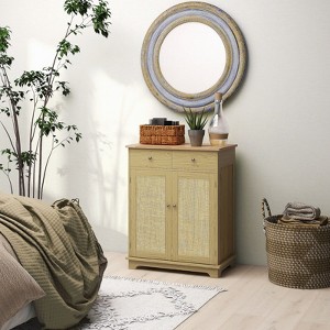 SKRAN Sideboard with Solid Wood Countertop,Modern Kitchen Storage Cabinet,Coffee Bar Cabinet with 2 Drawers,Doors and Adjustable Shelf,Natural Rattan - 1 of 4