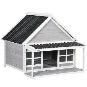 PawHut Outdoor Dog House for Large Dogs Outside Dog Shelter, Beautiful Cabin Design, Shady Front Porch, Two Windows, Wooden Dog House for Medium Dogs - 1 of 4