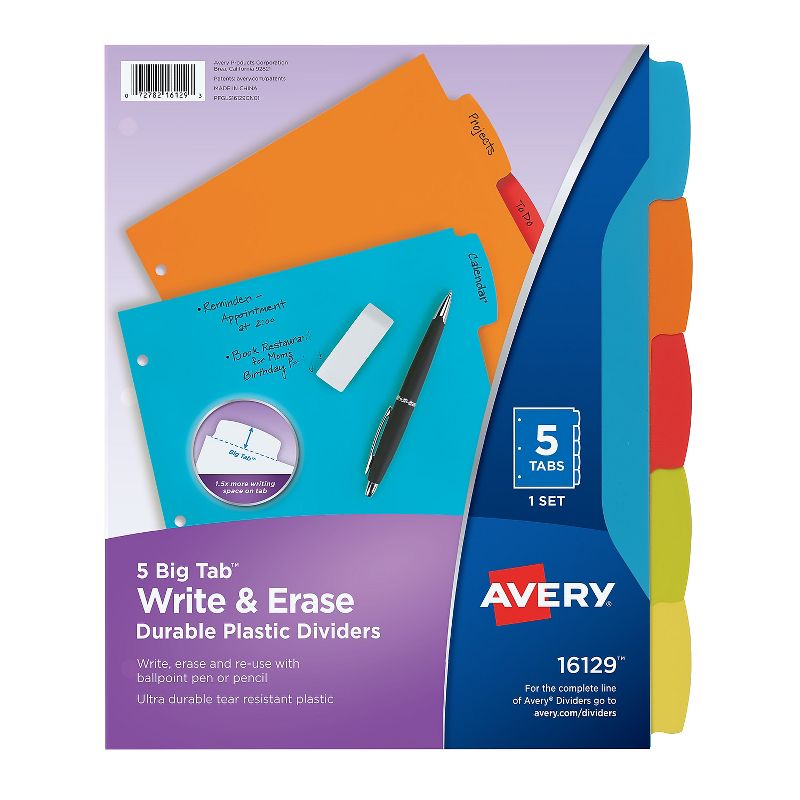 Avery Big Tab Write & Erase Plastic Dividers 5-Tab Assorted Colors (16129) 2609669, 1 of 9