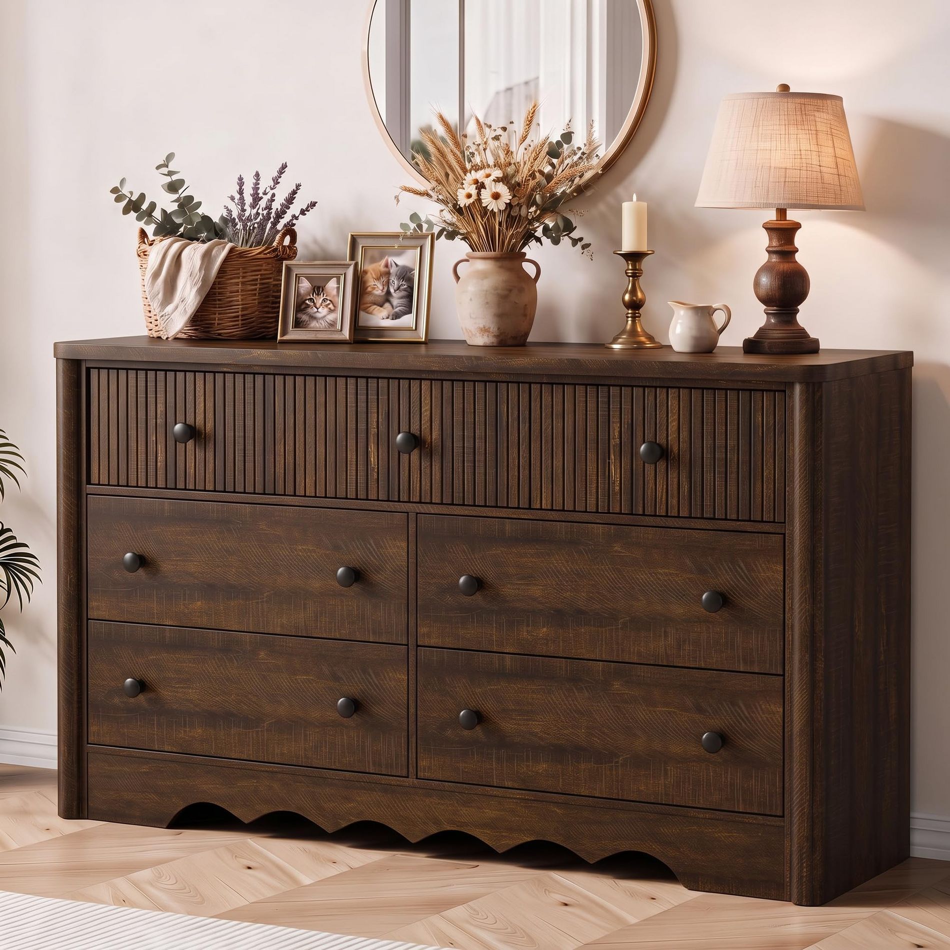 Fluted 7 Dresser for Bedroom, Modern 54in Wide 7 Chest of Drawers with Elegant Wave Edge, Wooden Closet Orgainzer for Living Room Nursery, Walnut