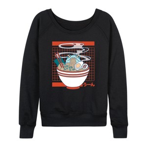 Women's - Instant Message - Kawaii Frog Eating Ramen Lightweight French Terry Wide Neck Long Sleeve Shirt - 1 of 4