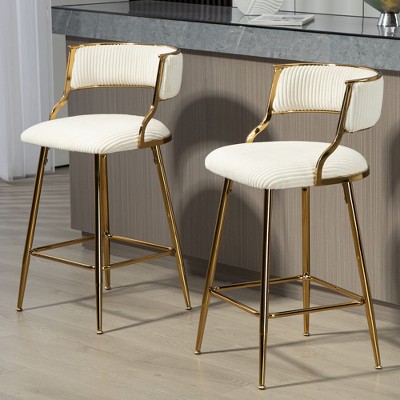 SET of 2 26'' Counter height bar stools Corduroy kitchen island counter bar stool with back,golden chromed base and footrest