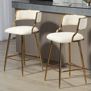 SET of 2 26'' Counter height bar stools Corduroy kitchen island counter bar stool with back,golden chromed base and footrest - 1 of 4