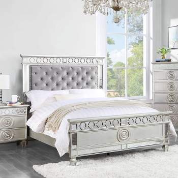 81"Twin Bed Varian Bed Gray Velvet, Silver Mirrored Finish - Acme Furniture