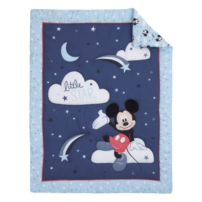 Disney Mickey Mouse Little Star Blue, Navy and White Cloud Moon and Stars 3 Piece Nursery Crib Bedding Set, 2 of 8