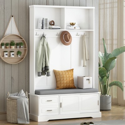 Entryway Hall Tree with Storage Bench, 78.7" Entryway Bench with Coat Rack & Sliding Door, Mudroom Bench with 6 Hooks for Living Room Entranc