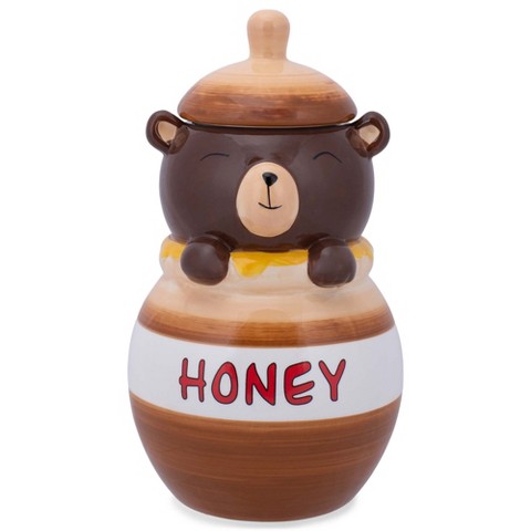 100 North Ceramic 11 inch Everyday Cookie & Candy Jar with Airtight Lid: Kitchen Canisters, Pet Treat Containers, Smiling Brown Bear in Honey Jar