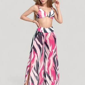 Anna-Kaci Swim Women's Three-Piece Swimsuit Set with Bikini Top High Waist Bottom and Sheer Abstract Print Wide Leg Pants - 1 of 4