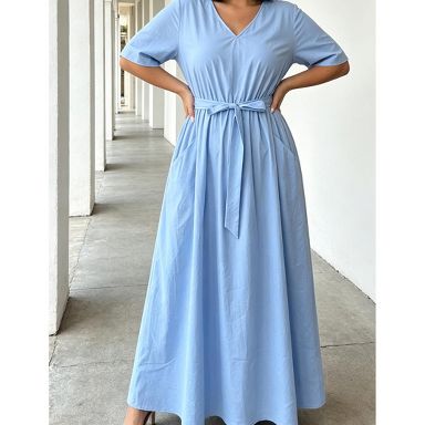 target blue maxi dress YESFASHION Women V Neck Short Sleeve Self Tie Waist Pocket Flowy Dress,3XL,Blue Sleeveless A-Line Linen Dress