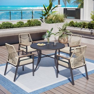 Captiva Designs 5pc Patio Dining Steel Set with Slat-top Round Table & Beige Rattan Chairs with Thick Cushions - 1 of 4