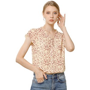 Allegra K Women's Summer Floral Chiffon Tie V Neck Ruffled Short Sleeve Shirt - 1 of 4