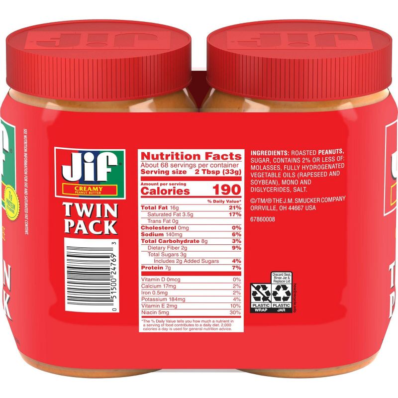 Jif Creamy Peanut Butter Twin Pack - 80oz, 3 of 8