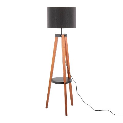 Walnut Wood Black Linen Tripod Floor Lamp with Shelf