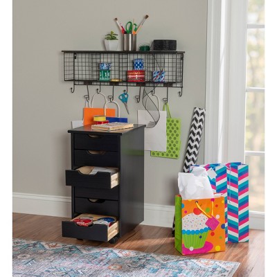 Cary Black Pine Wood Six Drawer Rolling Storage Cart