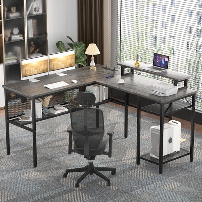 Besiost L Shape Desk with Charging Station, Computer Desk with LED Light and Open Storage Shlves