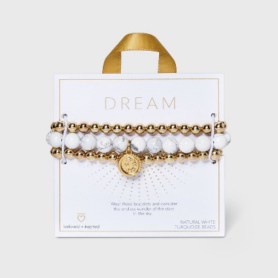 Beloved + Inspired Gold Howlite with Celestial Charm Trio Stretch Beaded Bracelet Set - Gold