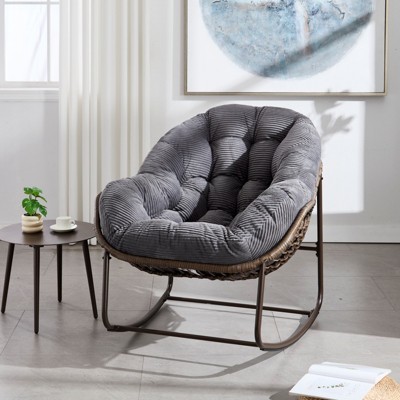 VisioGear Outdoor Rattan Rocking Chair, Padded Cushion Rocker Recliner Chair Outdoor for Front Porch, Living Room, Dark Grey, 43.7"*37.2"*31.5"