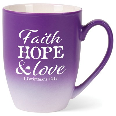 Elanze Designs Faith, Hope & Love 1 Corinthians 13:13 Two Toned Ombre Matte Purple and White 12 ounce Ceramic Stoneware Coffee Cup Mug