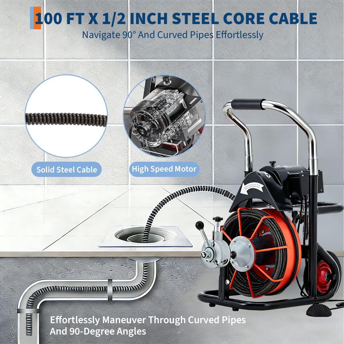 100FT x 1/2 Inch Electric Drain Cleaning Machine, 450W Auto Feed Sewer Snake with 10 Cutters and Foot Switch, Carbon Steel, Ships in 2 Boxes - thumbnail 7