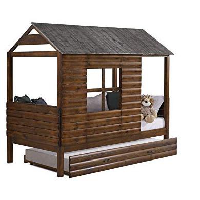 Donco Kids Twin Log Cabin Low Loft w/Twin Trundle, Rustic Walnut, Double