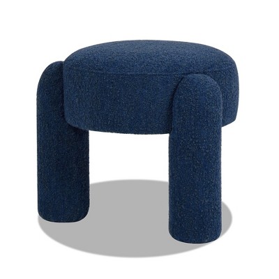 Cerulean Blue Boucle Round Upholstered Ottoman with Eucalyptus Legs
