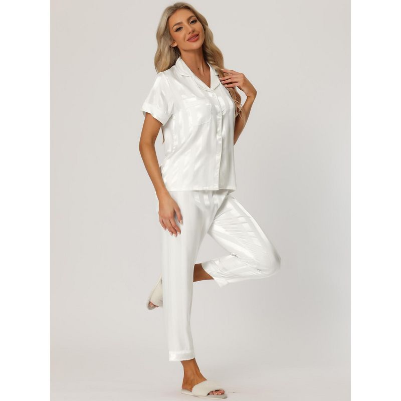 cheibear Women's Satin Button Down Short Sleeve Sleepwear with Long Pants Pajama Set, 2 of 6