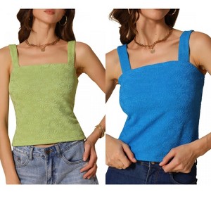 INSPIRE CHIC Women's Square Neck Wide Strap Sleeveless Crop Lettuce Trim Casual Floral Cami Tank Top 2 Packs - 1 of 4